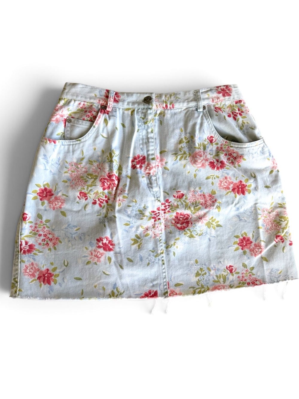 Vintage Susan Bristol Light Blue Pink Floral Cotton Denim Mini Skirt Sz 10P